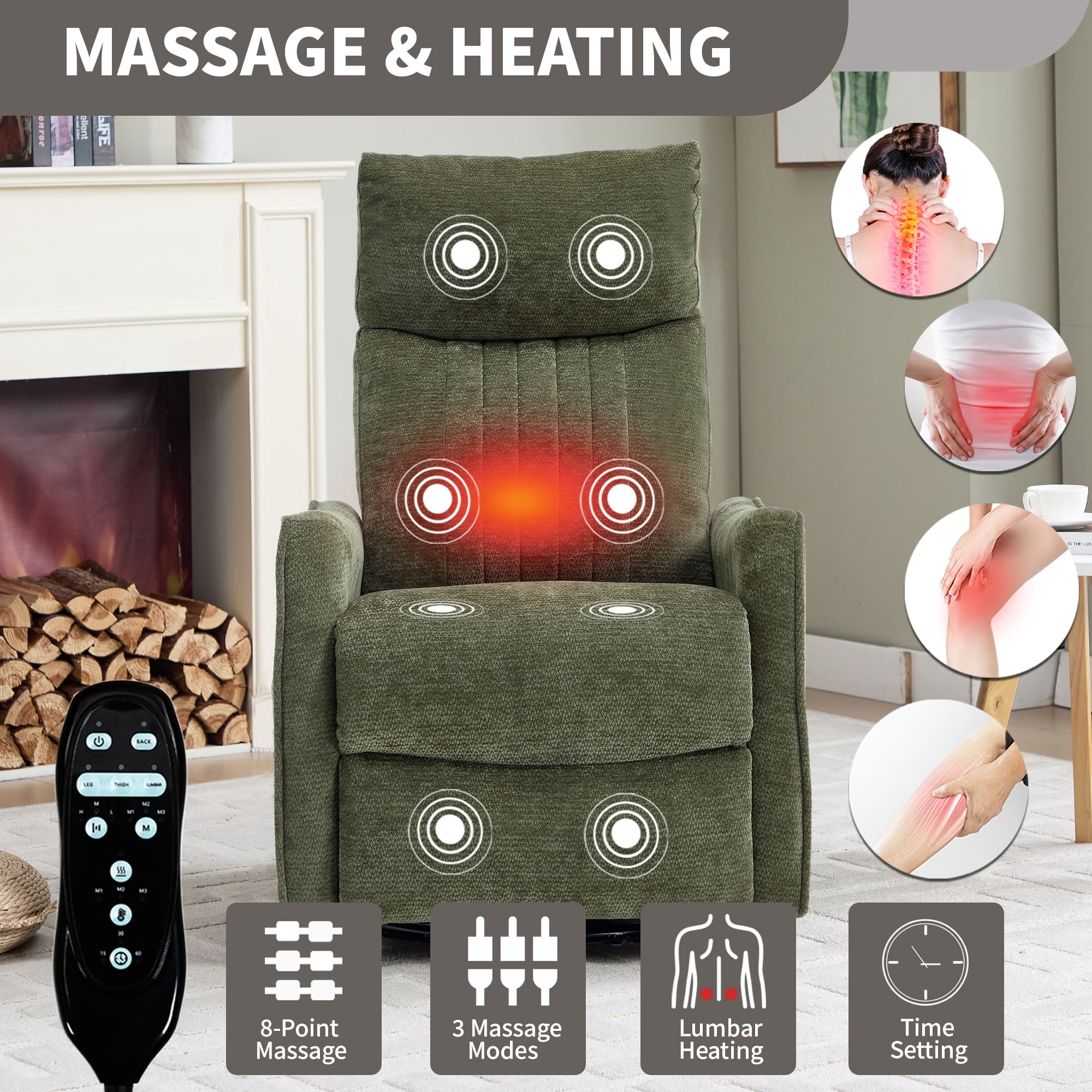 MAYEERTY Chenille Swivel Rocker Recliner Chair, Manual 155° Recline Glider Chair with 8-Point Vibration Massage & Lumbar Heat, for Living Room Nursery Home Office