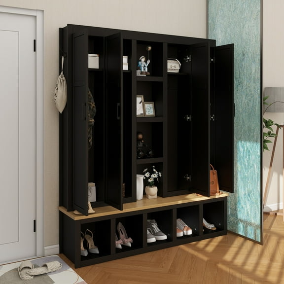 62.9"W Farmhouse 4-in-1 Hall Tree with 6 Hanging Hooks, Mudroom Wood Grain Bench with Open Compartments, Entryway Shoe Cabinet with Seating Bench for Living Room, Hallway, Black