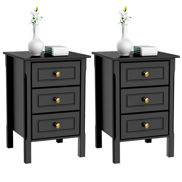 Topeakmart 2PCS 3 Drawers Nightstand Tall End Table Storage Wood 