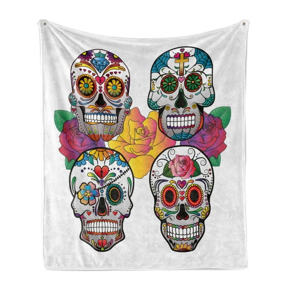 Sugar Skull Soft Flannel Fleece Throw Blanket, Different Types of Skulls Rich and Colorful Ornaments Roses Border Carnival, Cozy Plush for Indoor and Outdoor Use, 60" x 80", Multicolor, by Ambesonne