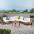 thumbnail image 3 of GDF Studio Adelia Indoor/Outdoor Acacia Wood 5 Seater Sectional Sofa Set with Cushions, Sandblasted Brown and White, 3 of 14