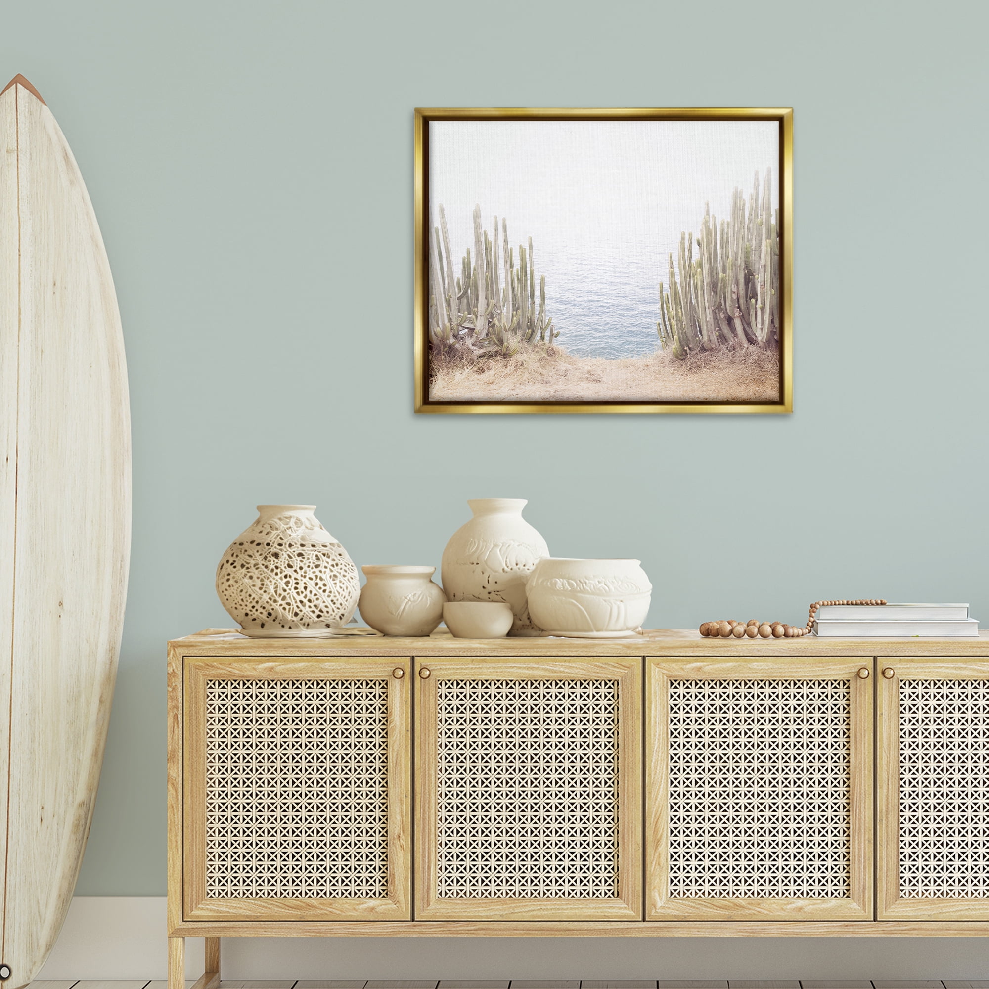 Stupell Industries Seaside Cacti Plants Nautical & Beach Photography Gold Floater Framed Canvas Art Print Wall Art, 31 x 25