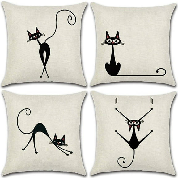 Black Cats Posing & Stretching Cat Design Cotton Linen Fabric Decorative Indoor / Outdoor Throw Pillow Cover Set 18x18