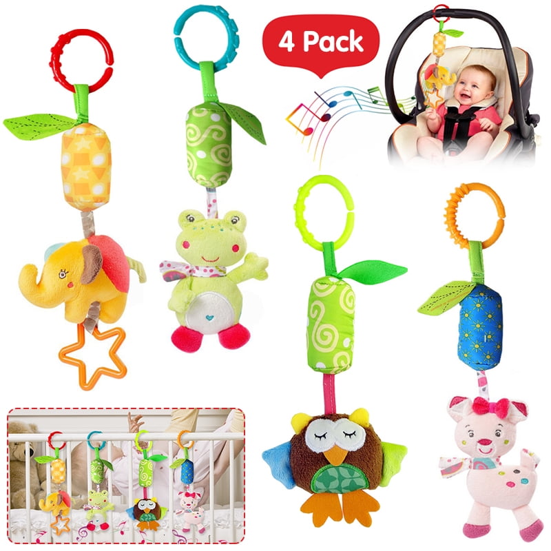4 Pieces Baby Toys Hanging Rattle Crinkle Squeaky Educational Toy Infant Newborn Stroller Car Seat Crib Travel Activity Plush Animal Wind Chime with Teether for Boys Girls 
