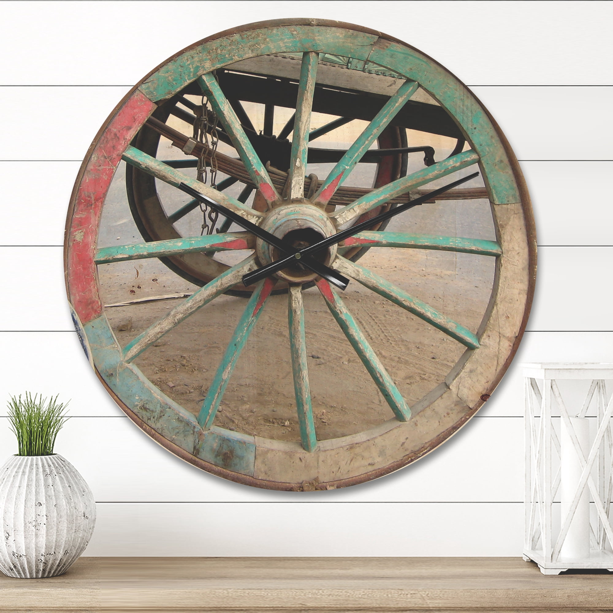 Designart 'Turquoise Cottage Wagon Wheel Clock' Farmhouse Wood Wall Clock