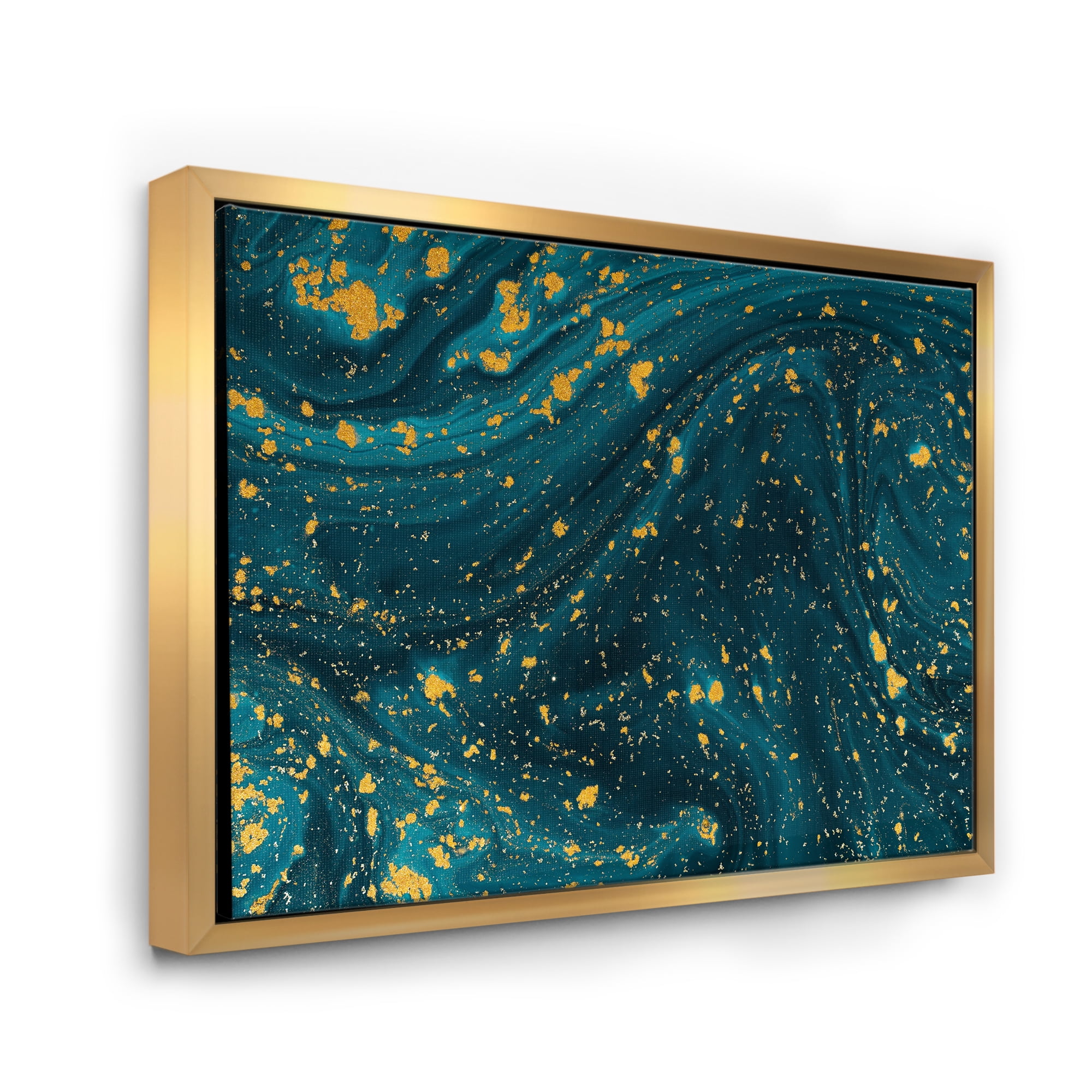 Designart 'Golden Glitter With Dark Blue Marble' Modern Framed Canvas Wall Art Print