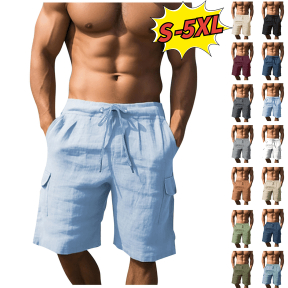 Utoimkio Men's Linen Shorts Casual Summer Beach Shorts Elastic Waist Drawstring Lounge Pants with Pockets Size S-5XL