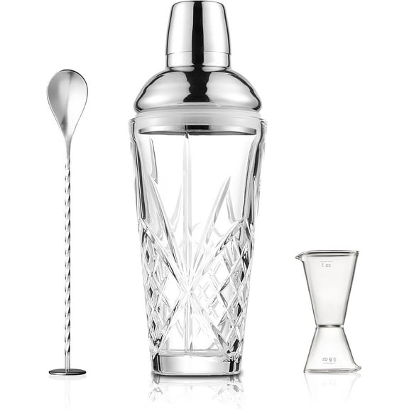 Glass Cocktail Shaker, Cutting Design Glass Shaker - Exquisite Martini Shaker for Elevated Mixology. Perfect for Crafting Artisan Cocktails, Martinis (18.5oz Cocktail Shaker Set)