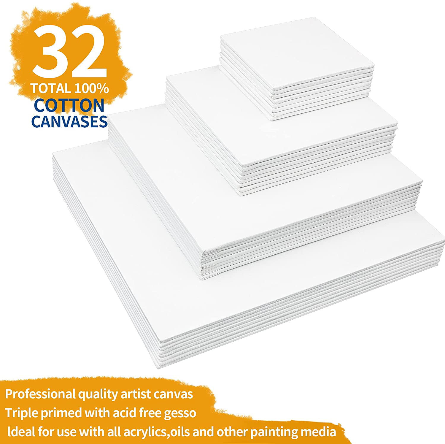 FIXSMITH Painting Canvas Panels Multi Pack- 5x7,8x10,9x12,11x14 (8 of  Each),Set of 32,100% Cotton,Primed White Canvases,for Acrylic,Oil,Other Wet  or