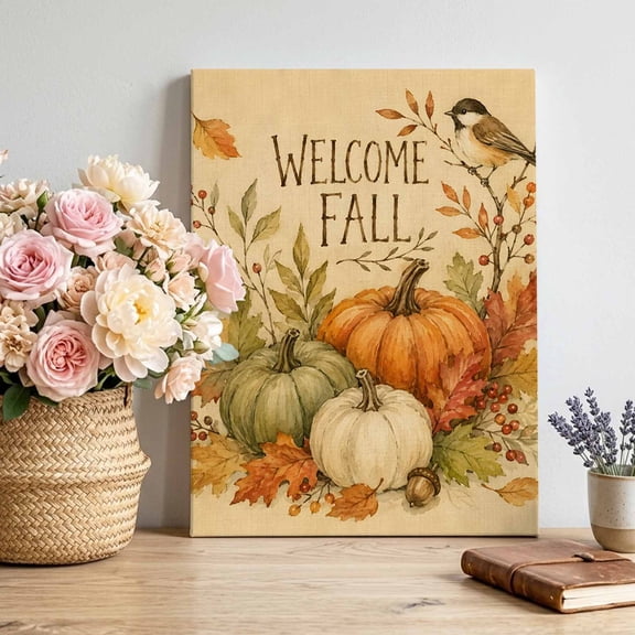 Canvas Wall Art Welcome Fall Canvas Art Print Rustic Farmhouse Harvest Pumpkins Bird Leaves Beige Wall Decor for Living Room Bedroom Artwork Decorations Stretched Framed Ready to Hang 12"x16"