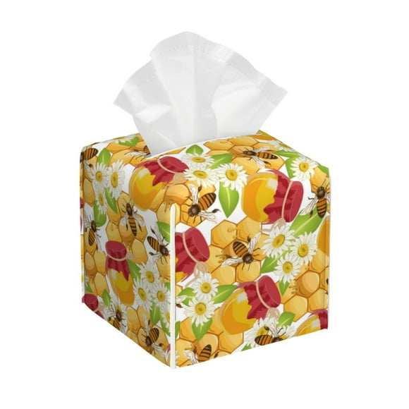 Fotbe Bees Honeycomb Jars Of Honey Flowers Porta Pañuelos Decorativo de Cuero, Caja Cuadrada Moderna para Pañuelos Faciales, Organizador y Dispensador 5x5x5''