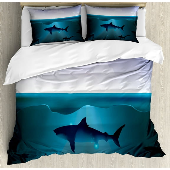 Ambesonne Underwater Duvet Cover Set, Wild Sharks in Sea, King, Violet Petrol Blue