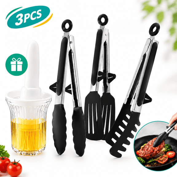 3 Pack Silicone Tip Cooking Tongs, Non-Stick Heat Resistant Utensils With Bonus Oil Brush Bottle For BBQ, Baking And Cooking