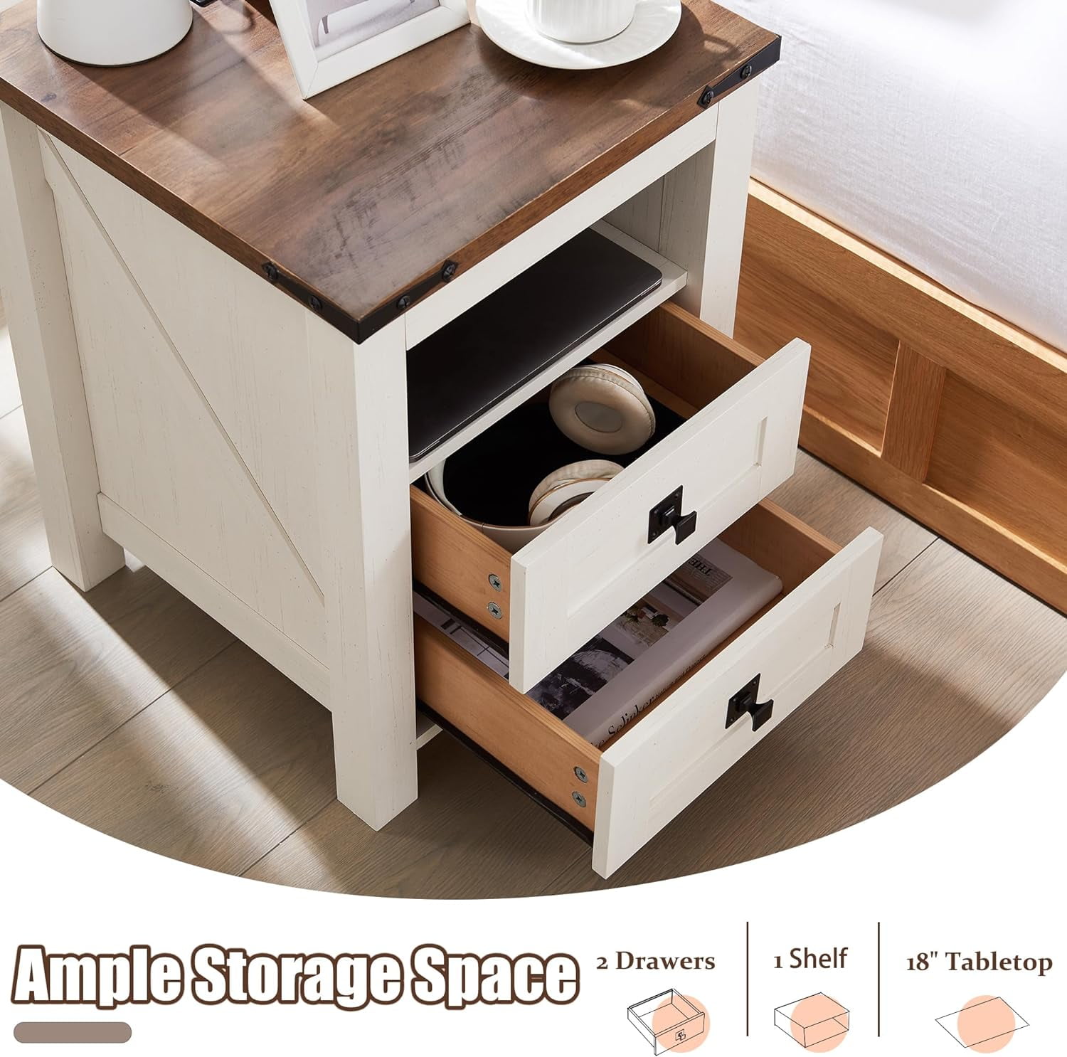 OKD Farmhouse Nightstand Set of 2 with Charging Station, 2-Drawer End Table, Antique White