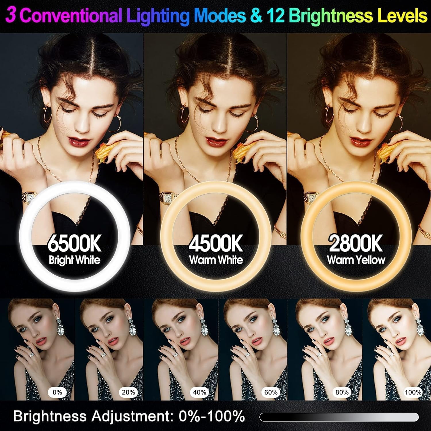 13" Selfie Ring Light with Stand 76" Tall & Phone Holders,Sunset Lamp, Tablet Holder,Desk Tripod& 51 Color Modes,