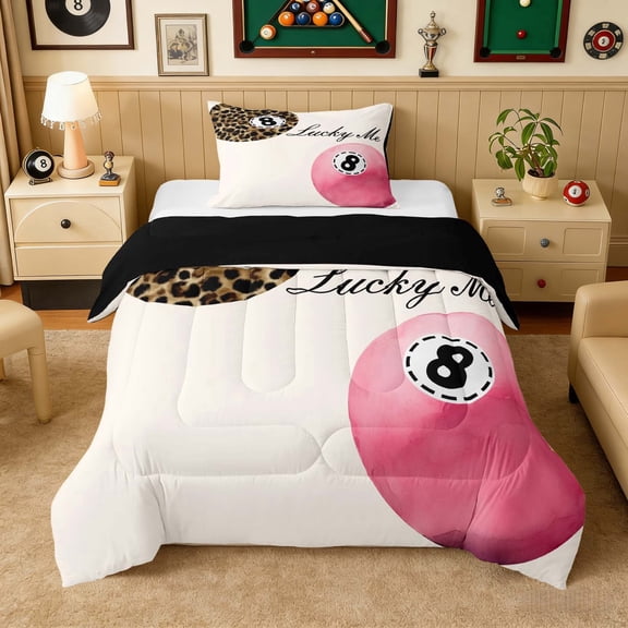 Erosebridal Leopard & Pink 8 Ball Print Twin Comforter Sets, Sports Monogram Bedding Set for Girls, Black Reversible 2 Pieces, 1 Comforter and 1 Pillowcase