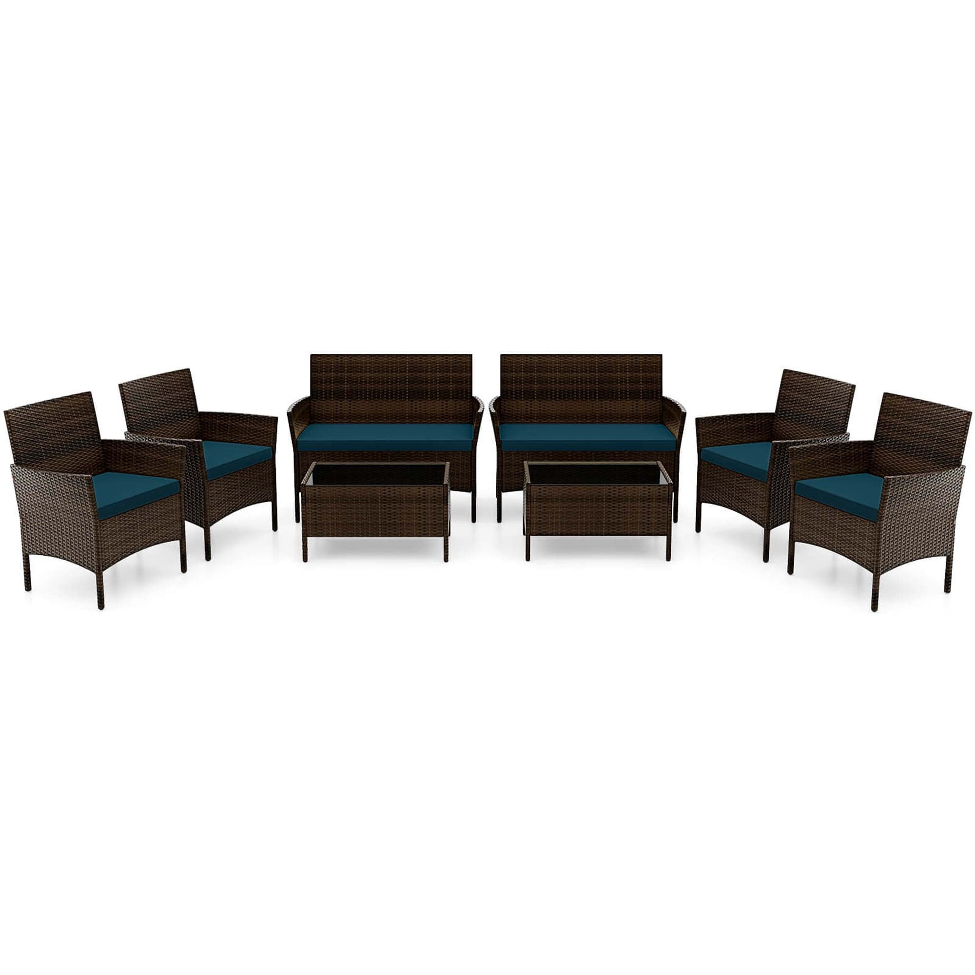 Costway 8 PCS Patio Furniture Set with Washable Cushions and Tempered Glass Coffee Table Blue