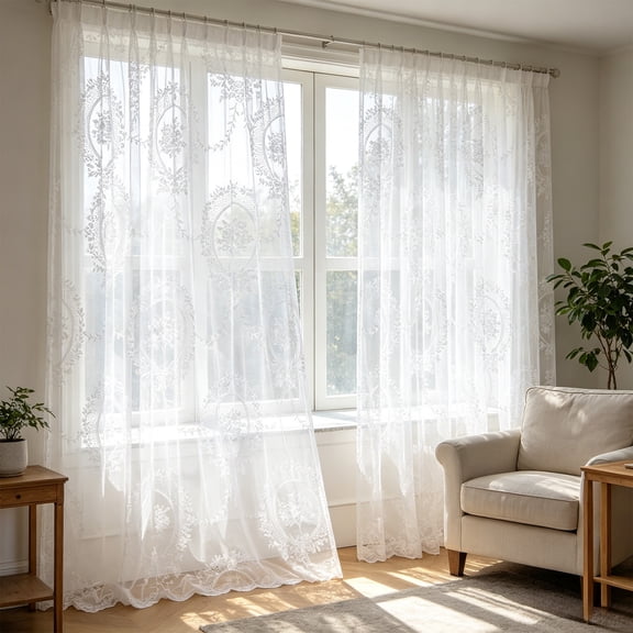 Floral Jacquard Sheer Curtain, Botanical Vine Lace Rod Pocket Window Drape, 145x244cm Light Filtering Panel for Living Room Bedroom Home Window Setup