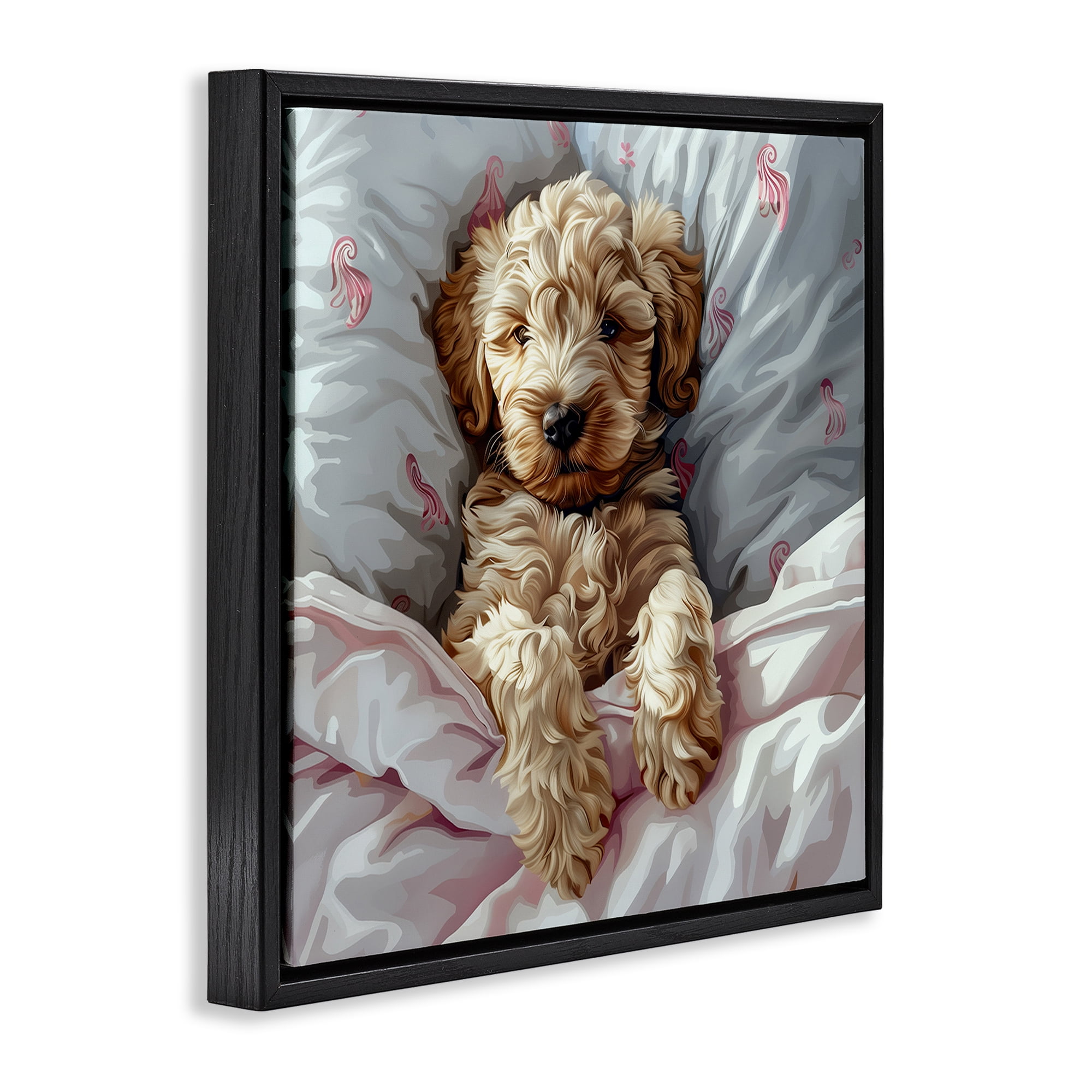 Stupell Industries Nap Time Cuddling Labradoodle Animals Painting Black Floater Framed Canvas Art Print Wall Art, 18 x 18