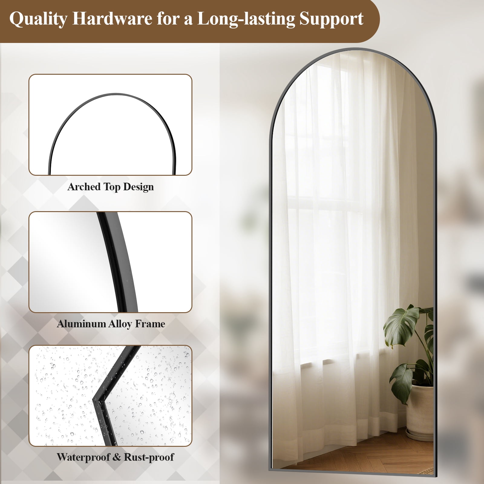 AUROMIR 71"x26" Arched Full Length Mirror Floor Mirror Full Body Standing Mirror, Black