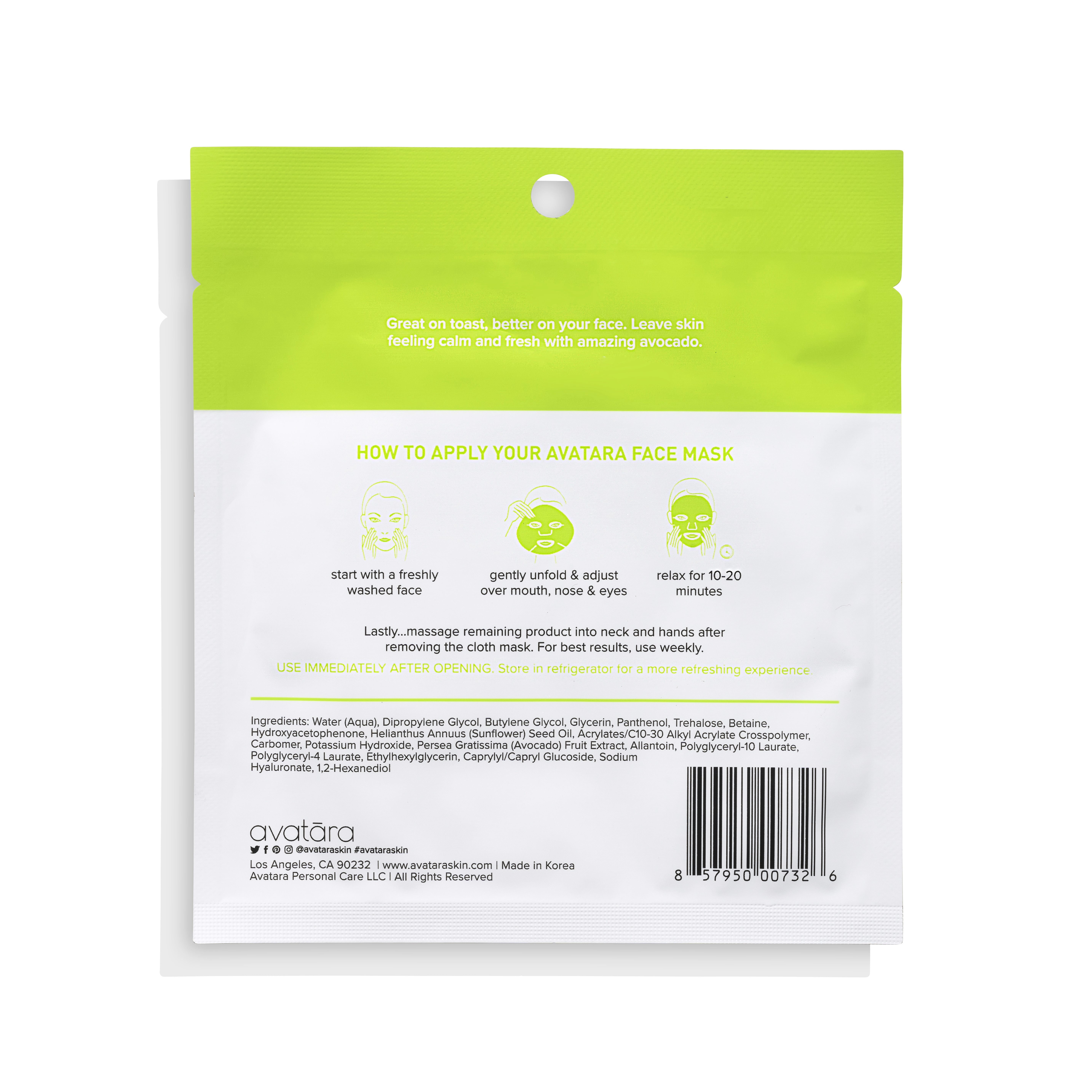Avatara Juicy Avobravo Soothing Avocado Face Mask 5 PK for All Skin Types, 5 Sheet Masks
