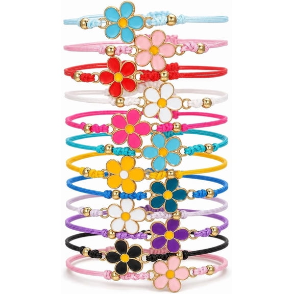 Preppy Boho Friendship Bracelets Set, 12-Piece Cute Flower Charm Bracelets for Girls Women, Adjustable Handmade String Jewelry for Summer Beach Party Favors