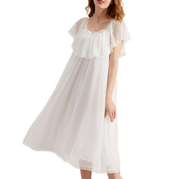 Defitshape Women's Soft Vintage Victorian Nightgown Cotton Summer Comfy See Through Mesh Lace Cotton Sleepwear White X-Large