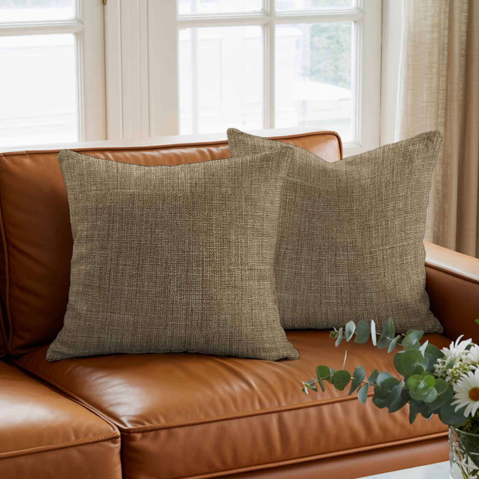 Brown Pillow Covers 24x24 Inch, Farmhouse Burlap Solid Beige Color Modern Linen Texture Linen Pillowcase with Invisible Zipper, Decorative Throw Pillow Covers Cushion Case for Couch Sofa Bed