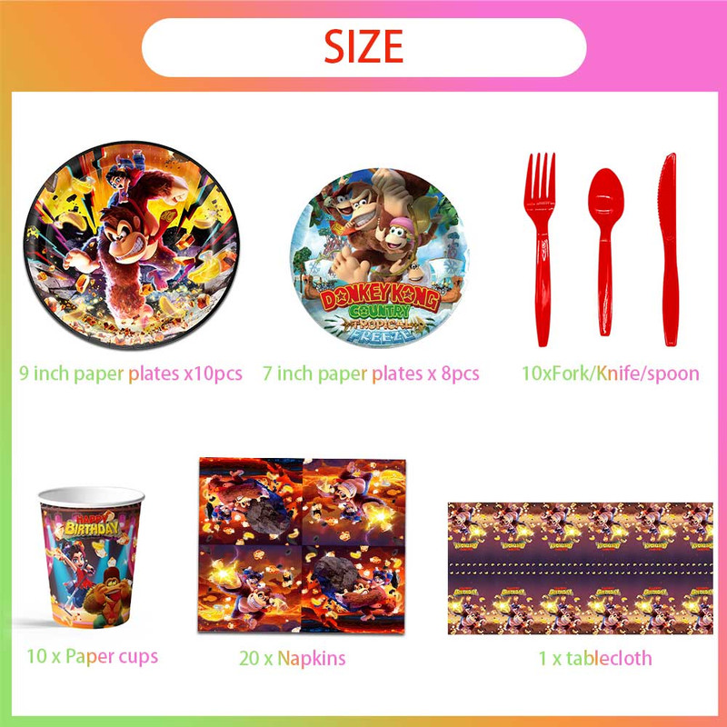 Donkey Kong Bananza Party Tableware Set Plates Cup Kit Birthday Supplies Decorations Disposable Dinnerware