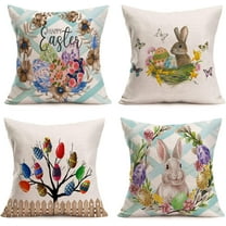 Happy Easter Pillow Covers 16x16 Inch Set of 4 Spring Flower Wreath Rabbit Egg Nest Butterfly Bunny Holiday Home Spring Decorations Throw Pillow Cases Cushion Cover for Sofa Couch