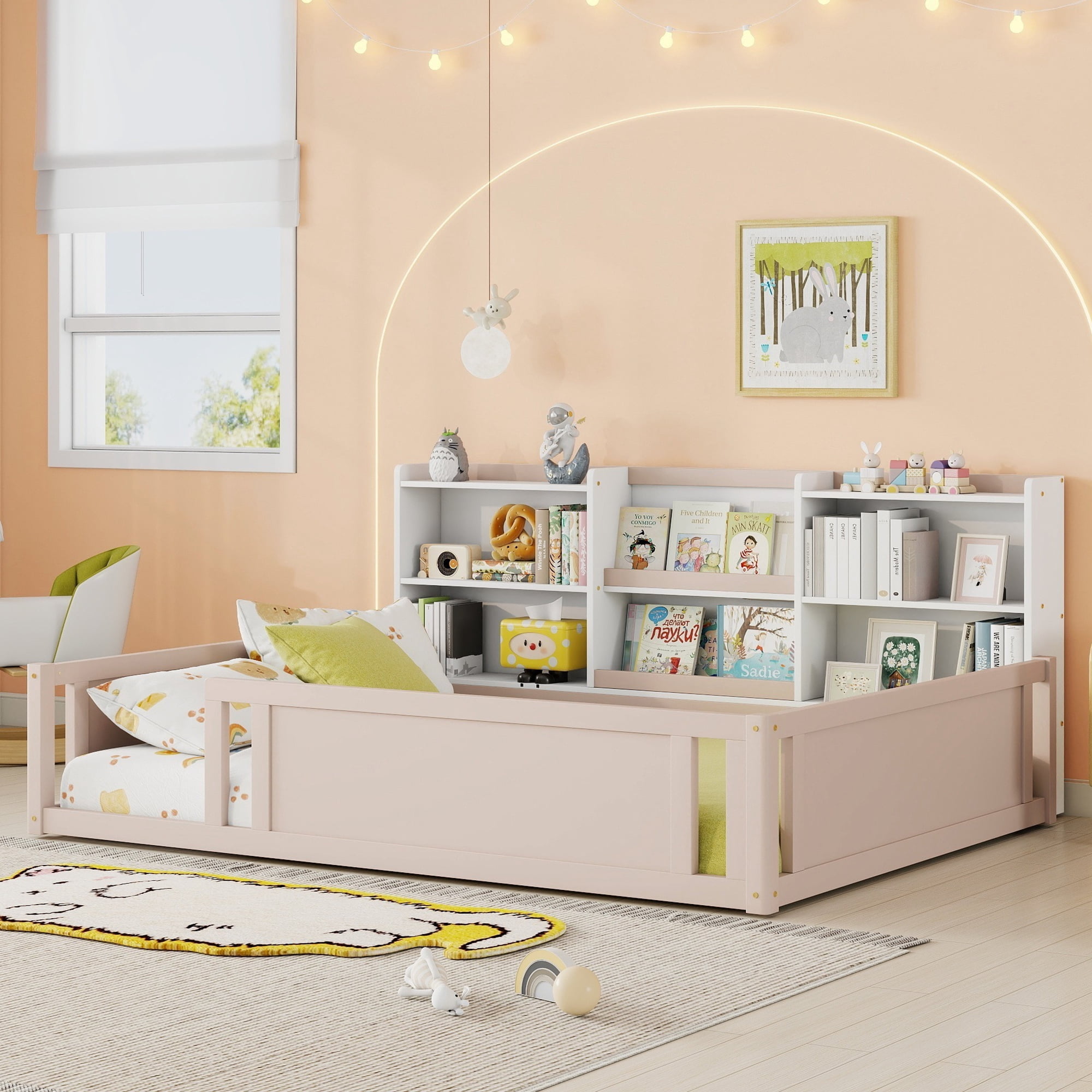 Mintazer Full Size Montessori Floor Bed with Bookcase Headboard & Guardrails, Kids Platform Bed Frame with 6 Cubby Storage Shelves for Bedroom, White & Natural