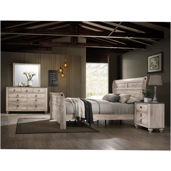 JERFIT 4-Piece King Bedroom Set with Sleigh Bed, Dresser, Mirror & Nightstand in Walnut Brown, Contemporary Farmhouse Style
