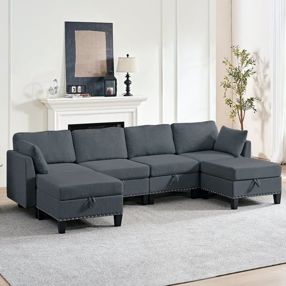 BALUS 110" U Shaped Sectional Sofa with Storage, 6-Seats Convertible Modular Sectional Sofa with Ottomans, Linen , Dark Gray