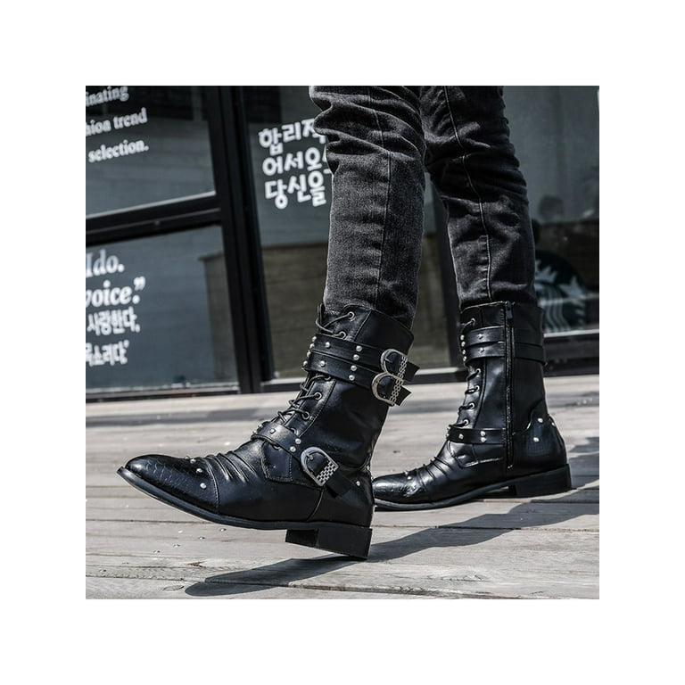 Ritualay Mens Leather Shoes Motorcycle Boot Strap Buckle Winter