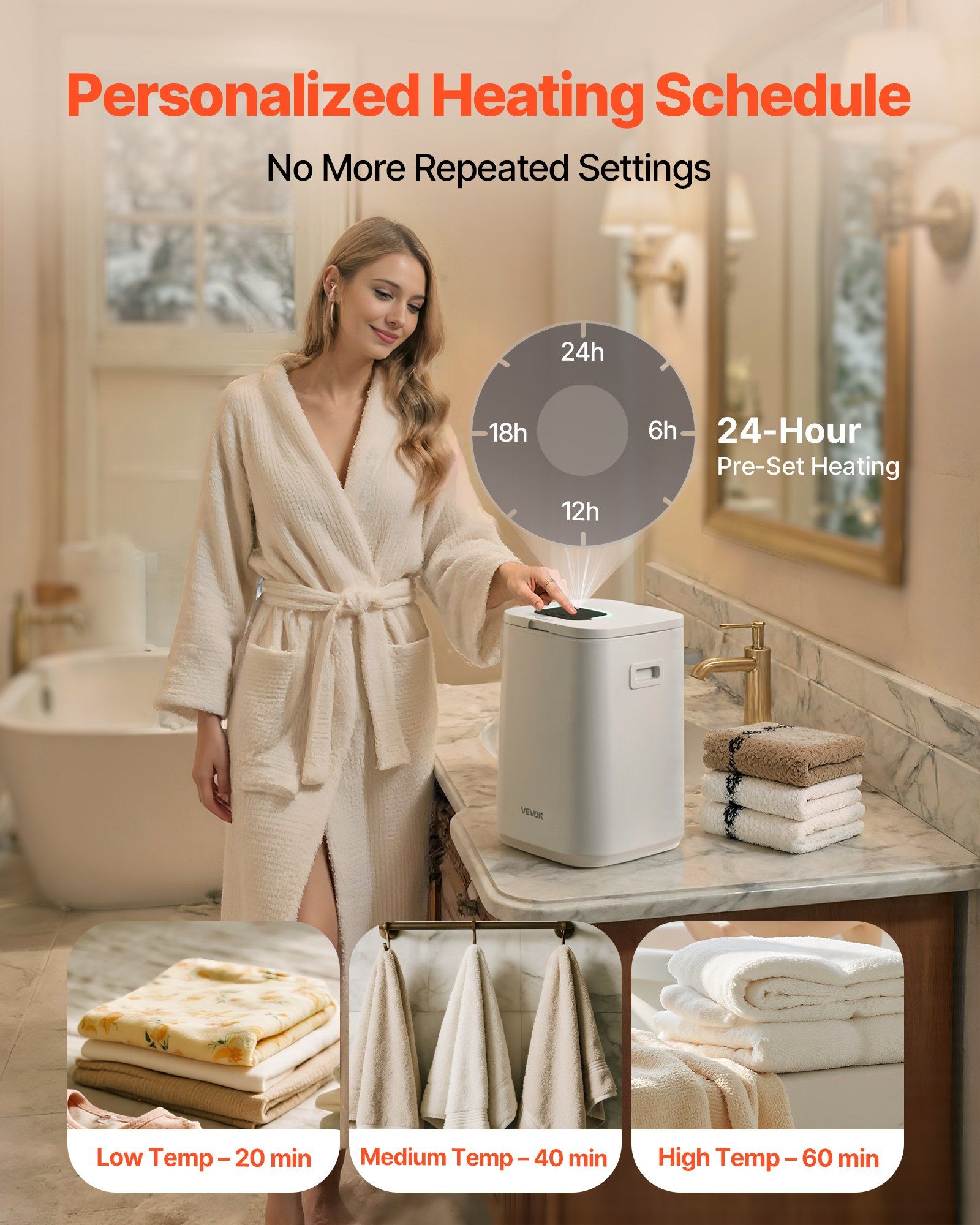 Heated Towel Warmer Bucket, 20L Electric Blanket & Towel Dryer with Digital Display, Adjustable Timer/Temp, Safety Lock, 4 Hooks for Bathroom, SPA, Bedroom, Kitchen, White