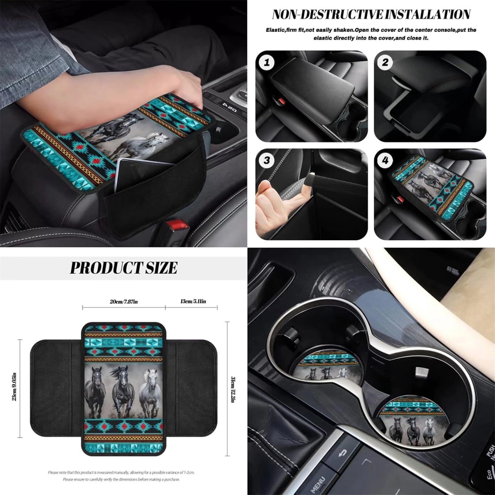 Yuyamidu Southwest Aztec Horse Car Front Seats Covers Set of 12 Blue Steering Wheel Cover Seatbelt Pads Center Console Cover Trash Bin Sunglass Holder Rearview Mirror Cover Cup Holders Keychain