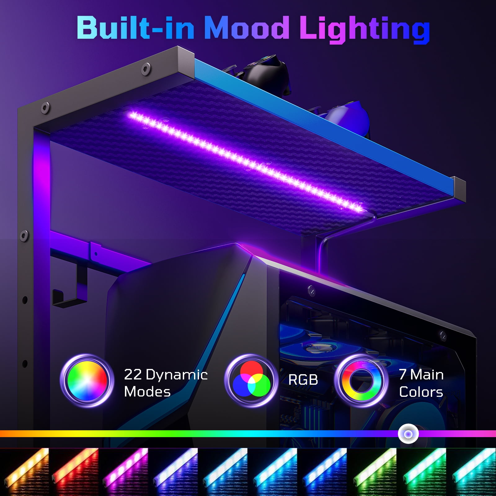 Bestier Gaming Desk with LED Lights, 44'' Computer Desk with Reversible Shelves, PC Gamer Desk with Side Storage Bag, Hooks and Height Adjustable Shelf for Home Office, Blue