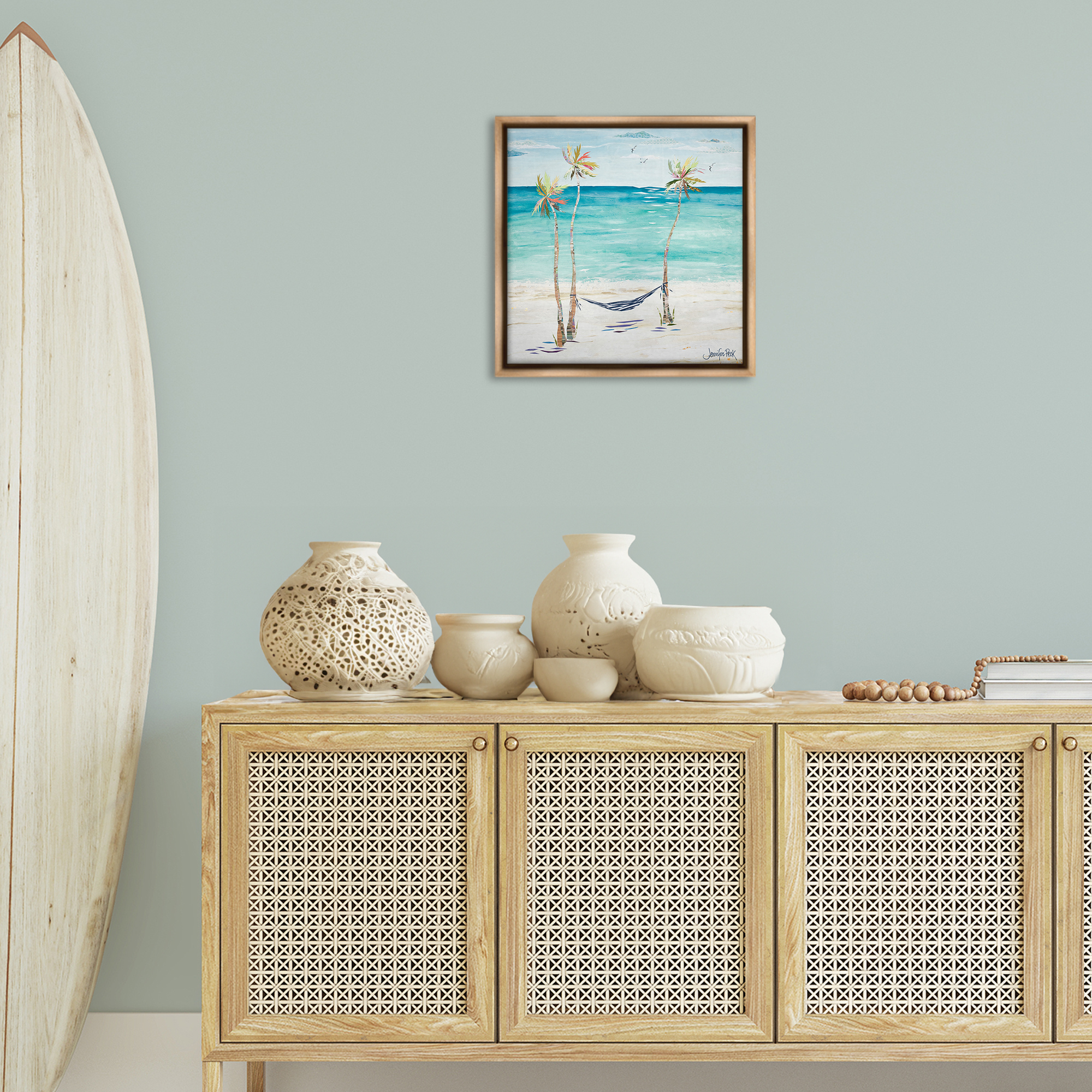 Stupell Industries Hammock & Three Palms Coastal Painting Brown Floater Framed Canvas Art Print Wall Art, 18 x 18