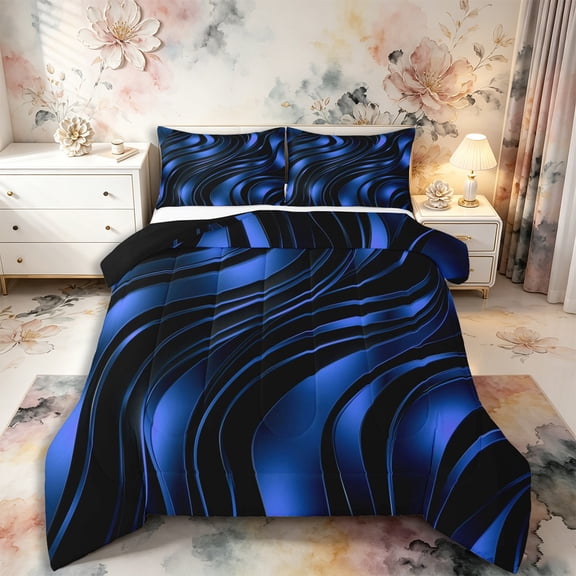 Castle Fairy 3D Metallic Blue Wave Full Size Comforter Sets 3-Piece,Curved Glossy Abstract Texture Bedding Comforter Set,Dark Azure,Black Reversible,1 Comforter and 2 Pillowcases