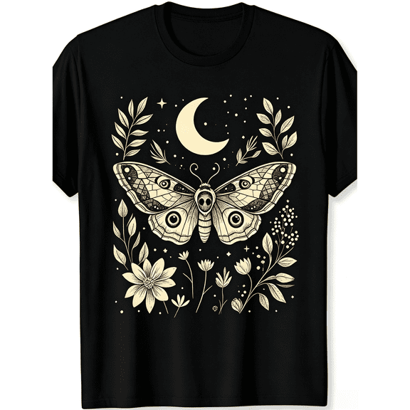Retro Witchy Celestial Graphic T-Shirt, Death Head Moth Crescent Moon Wildflower Botanical Line Art Casual Short Sleeve Tee