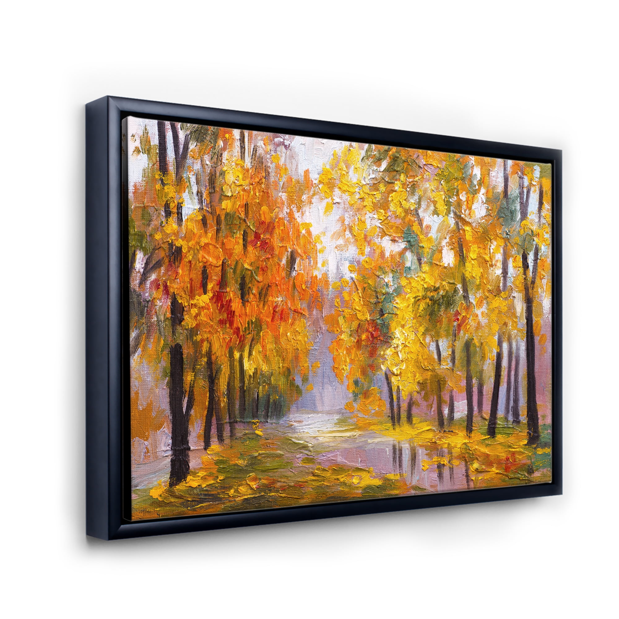Designart 'Forest Full Of Fallen Leaves In Autumn Along River' Lake House Framed Canvas Wall Art Print