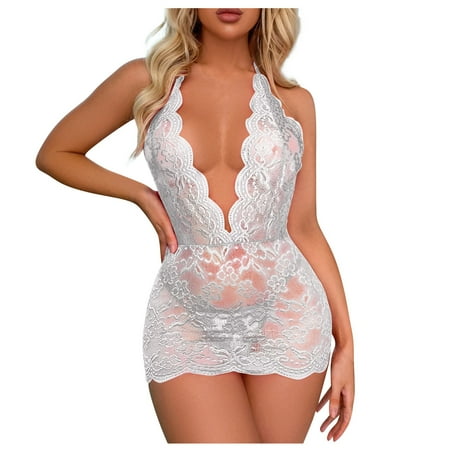 

EHTMSAK Lace Sleepwear for Women Halter Sexy Deep V Neck Chemise Teddy Nightgown Lingerie White M