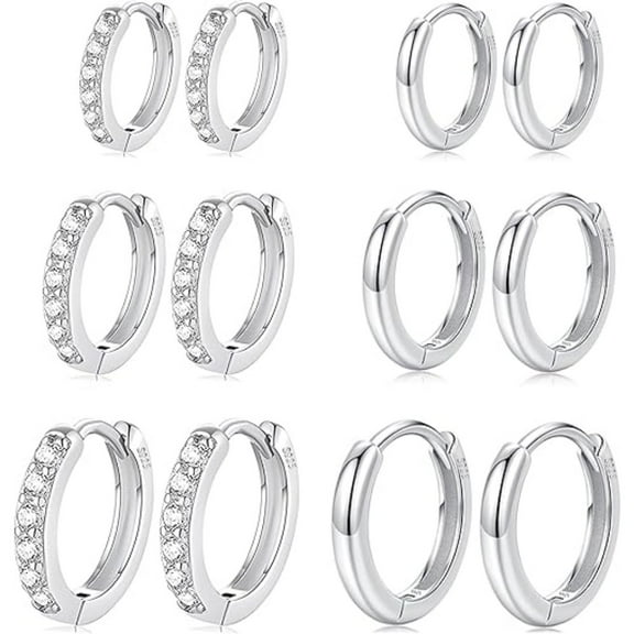 6 Pairs Minimalist Sterling Silver Hoop Earrings, Tiny 8/10/12mm Huggies, Hypoallergenic & Waterproof, Cubic Zirconia Helix Earrings, Trendy Multiple Piercing Set for Everyday Wear