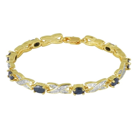 14k Yellow Gold Over Bronze Created Blue Sapphire and Diamond Accent Bracelet, 7.25