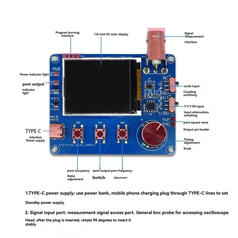 2X Mini Simple Oscilloscope with 1.8 Inch TFT Color Display, Waveform Measurement, Frequency Meter, Square Wave Output