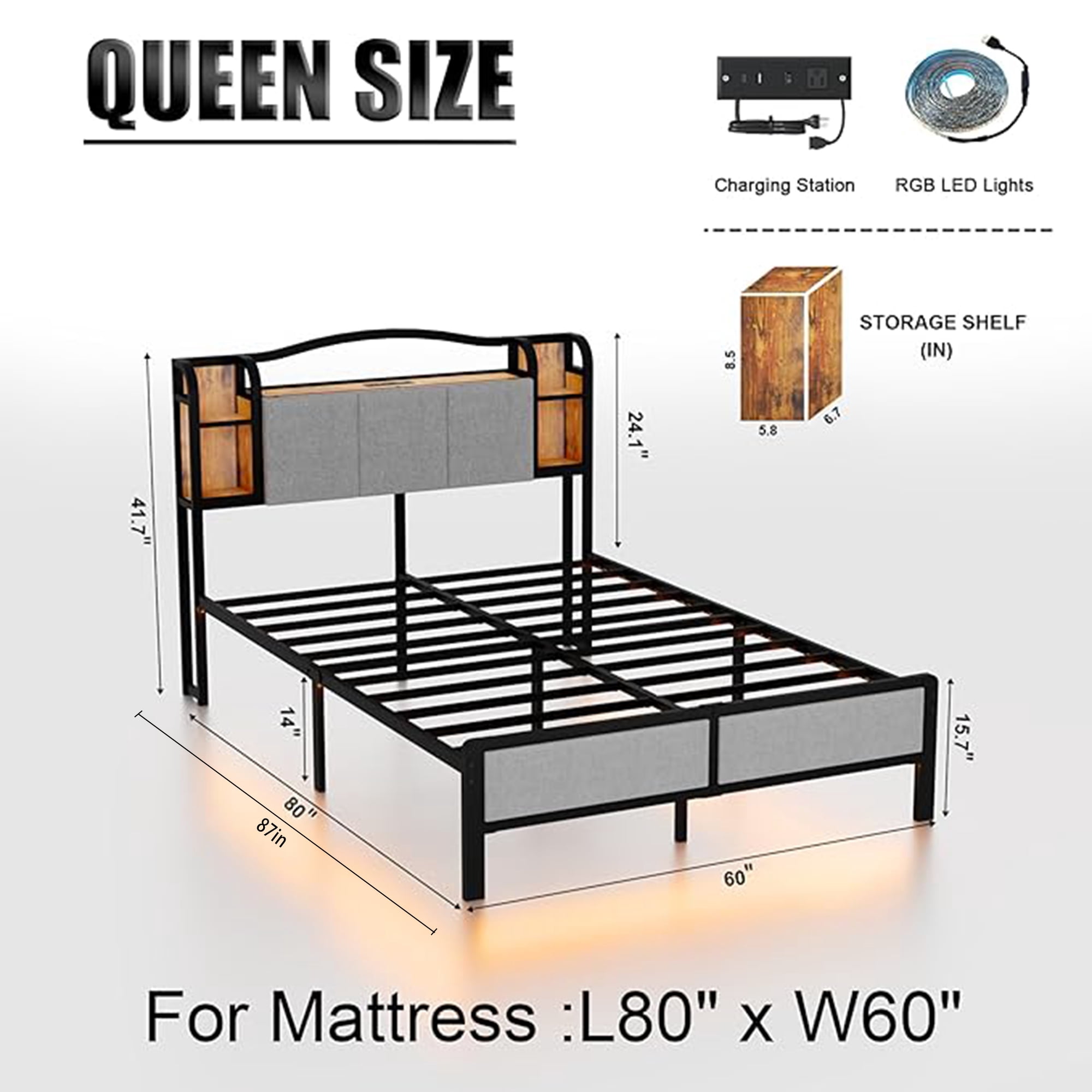 QUEEN 14In Bed Frame with RGB Lights Fabric Upholstered Headboard USB Socket