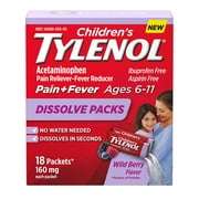 6 pack Children's Tylenol Dissolve Packs 160 mg acetaminophen, Wild Berry, 18 ct