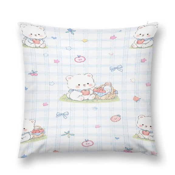 Patifu Cute White Bear Picnic Fruit Grid Seamless Pattern Decorative Pillowcase, Sofa, Bedroom, and Living Room Holiday Season Home Decor Cushion Cover,
