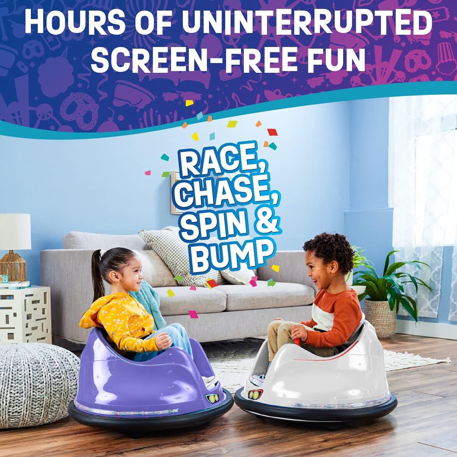 Flybar 6V Bumper Car for Toddlers Purple, Electric Ride on Toy for Kids Ages 1.5-4 w/ LED Lights & Safety Belt, 360 Degree Spin, Max Weight of 66 lbs