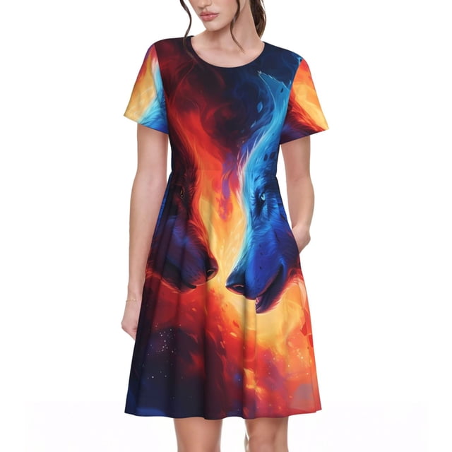 Easygdp Wolf para Vestido Transpirable de Mujer, Vestido Suelto de Manga Corta con Pliegues y Bolsillos para el Verano